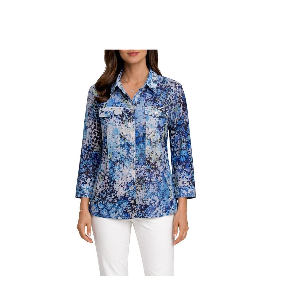 CJ Banks Top Womens Size 1X Blue Button Front Collar Lightweight Long Sleeve